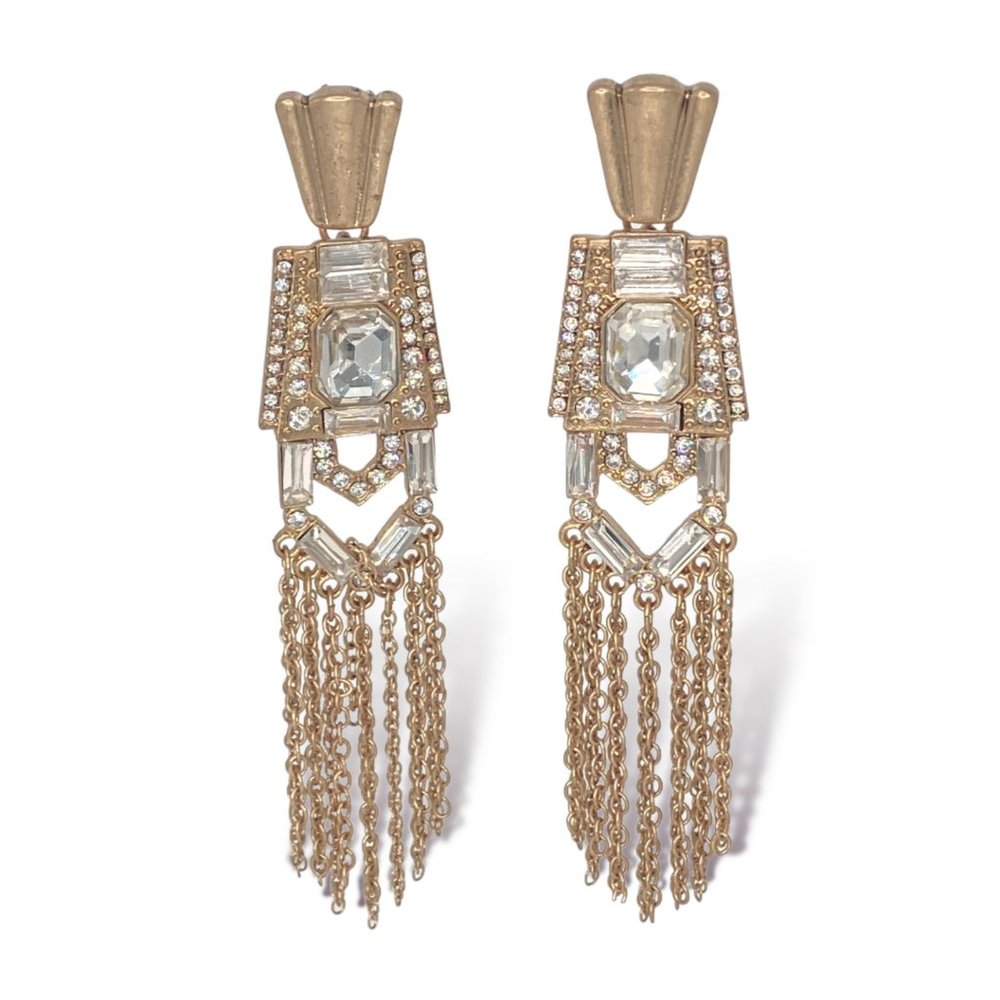 NEW Badgley Mischka Antique Gold Tassel Chain Deco Crystal Chandelier Earrings